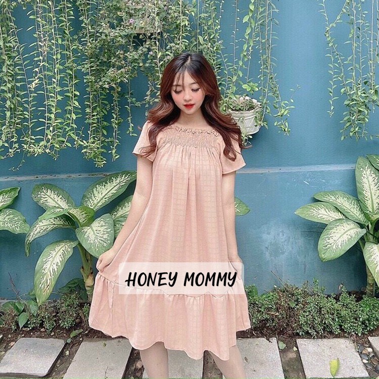 Váy Bầu Hè Công Sở Cổ Vuông Vải Đũi Mát HD2623 Honey Mommy Đầm Bầu Trễ Vai Đuôi Cá