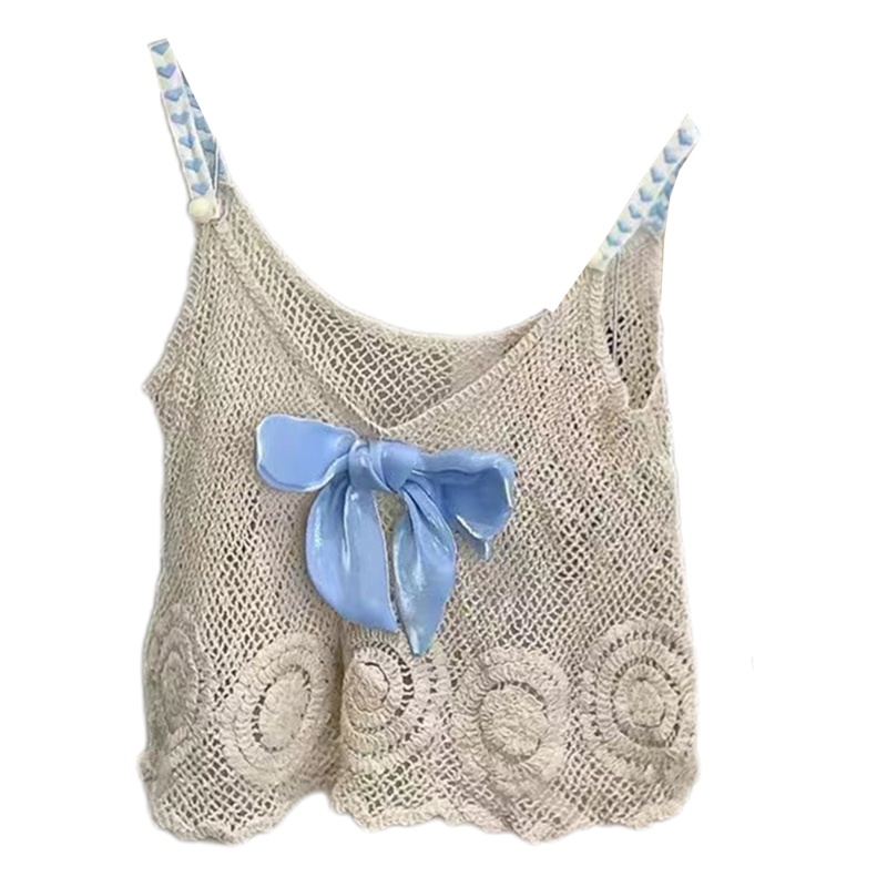 Áo Croptop Dệt Kim Hai Dây Thắt Nơ Dáng Rộng Dễ Thương Cho Bạn Gái