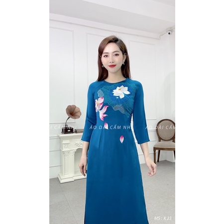 Áo dài truyền thống, Áo dài cổ tròn, Áo dài Thêu hoa màu xanh mã K23