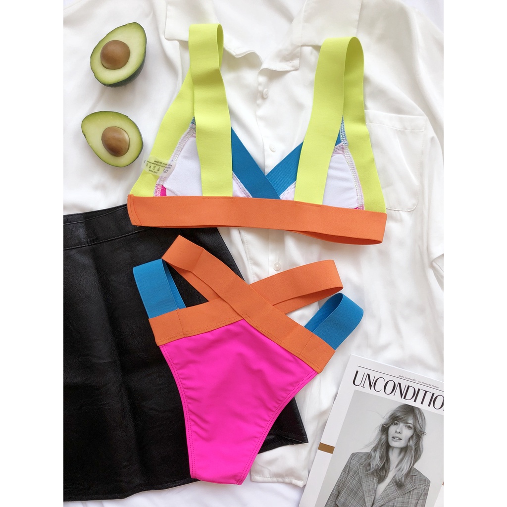 Set bikini màu sắc nổi bật lưng cao có mút nâng ngực quyến rũ dành cho nữ LG61