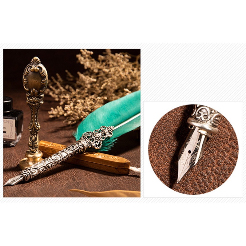 Hộp Đựng Bút Thư Pháp 5 Ngòi Họa Tiết Lông Vũ + Lông Vũ + Giá Đỡ Hình Trái Tim Kiểu Vintage