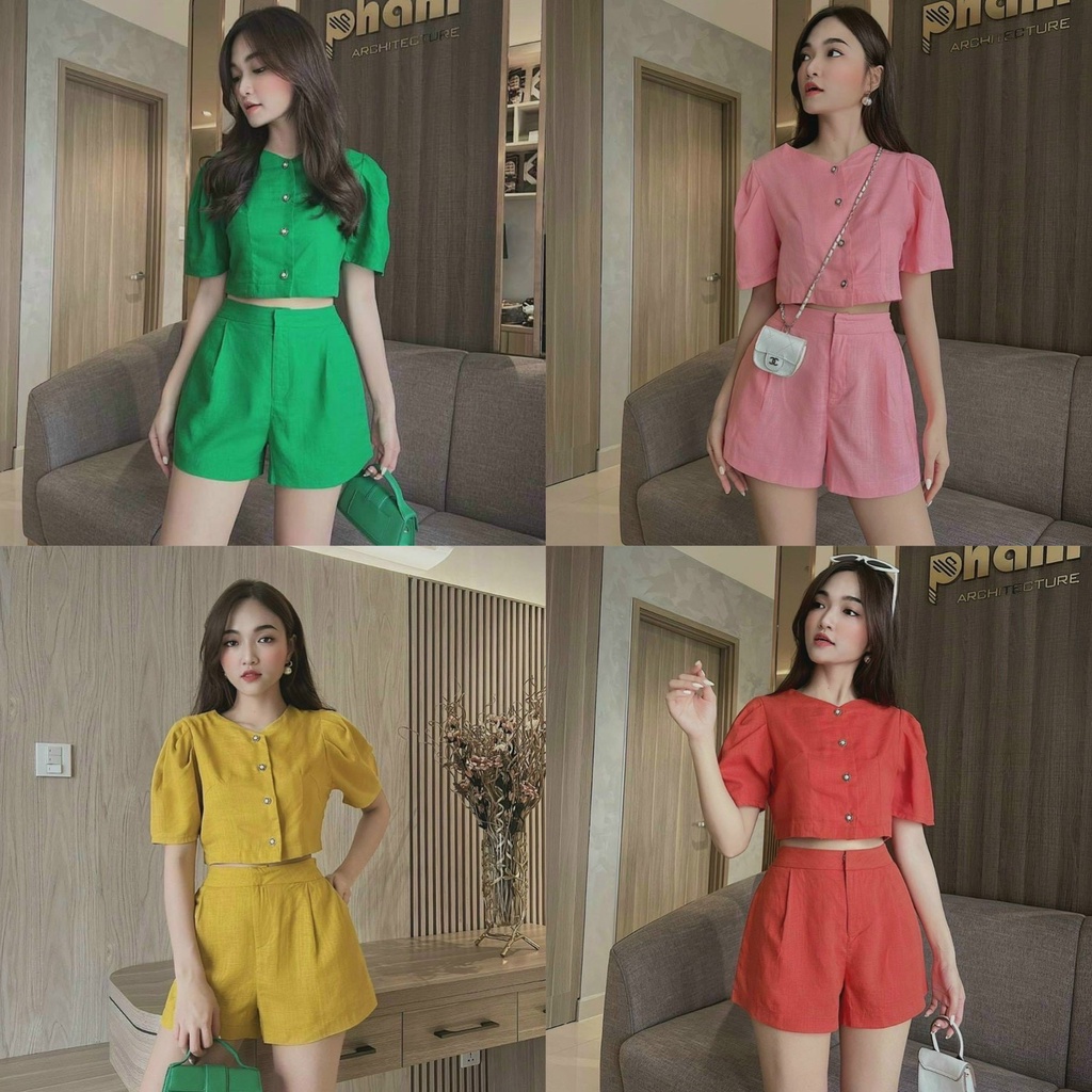 Set bộ đồ nữ cổ tròn tay phồng nhẹ nhàng, đơn giản thích hợp cho các nàng ở nhà, đi chơi hoặc dạo phố