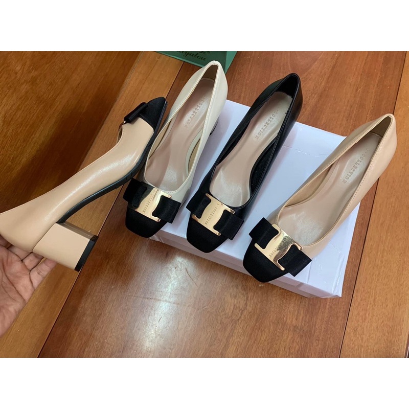 Giầy phối mũi đen nơ vải siêu xinh