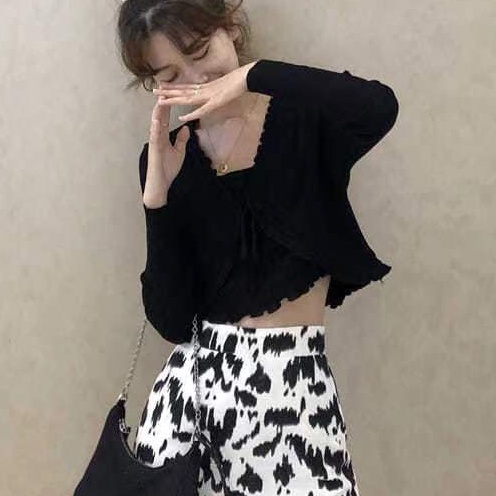 Happy-store ❤️ Áo cardigan croptop tay dài nữ , áo khoác crt ôm body len gân thân 2 lớp màu đen trắng bánh bèo