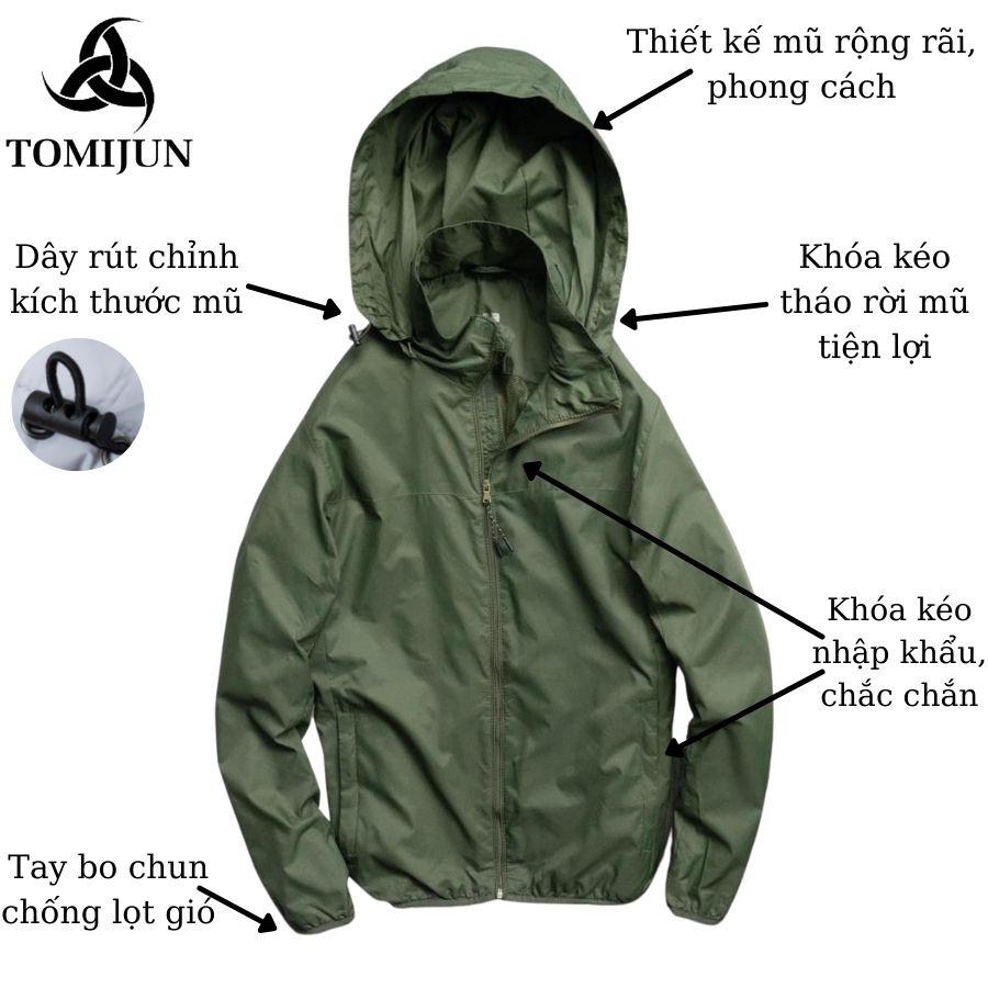 Áo khoác gió nam nữ cao cấp 2 lớp lót lưới TOMIJUN Chống nước, cản gió, ngăn tia UV, siêu nhẹ, kèm túi bọc - AOKHGIO3