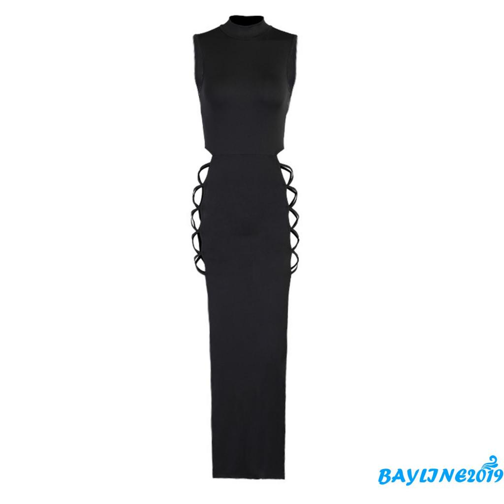 Đầm Dài Cổ Yếm Khoét Lỗ Không Tay Màu Trơn Có Dây Chéo Thời Trang Mùa Hè Cho Nữ