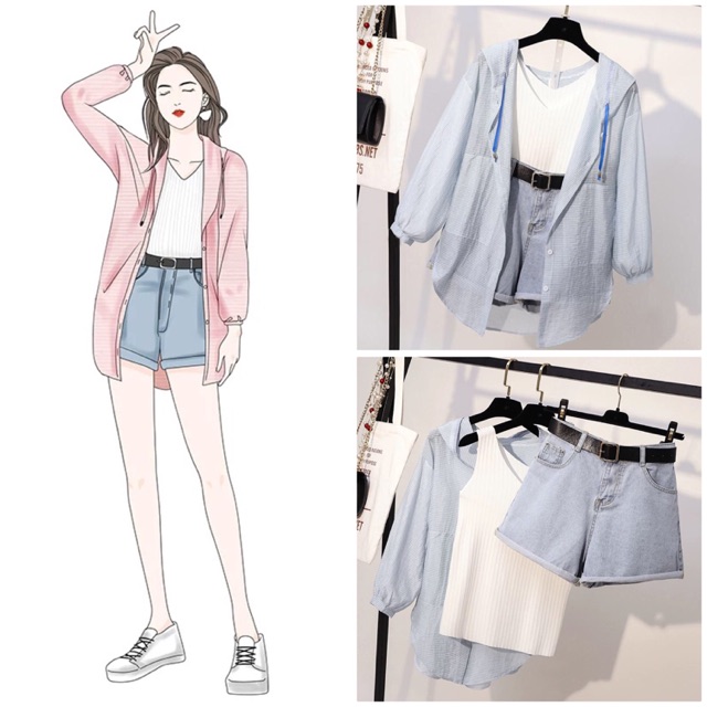 (Order) L-4XL Set 4 chi tiết: áo khoác mũ + áo ba lỗ + quần short bò + thắt lưng ngoại cỡ