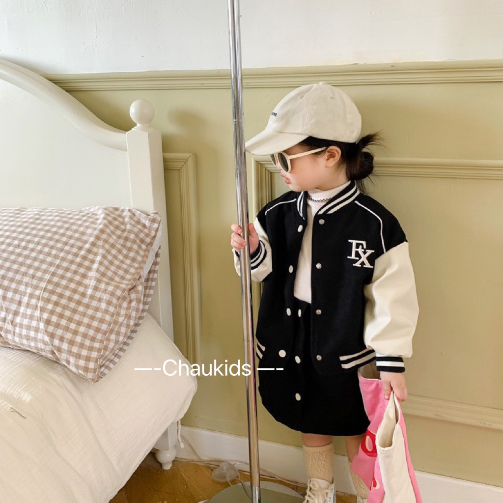 Sét váy kèm áo khoác thu đông cho bé gái, set áo khoác Bomber FX kèm chân váy khỏe khoắn cho bé