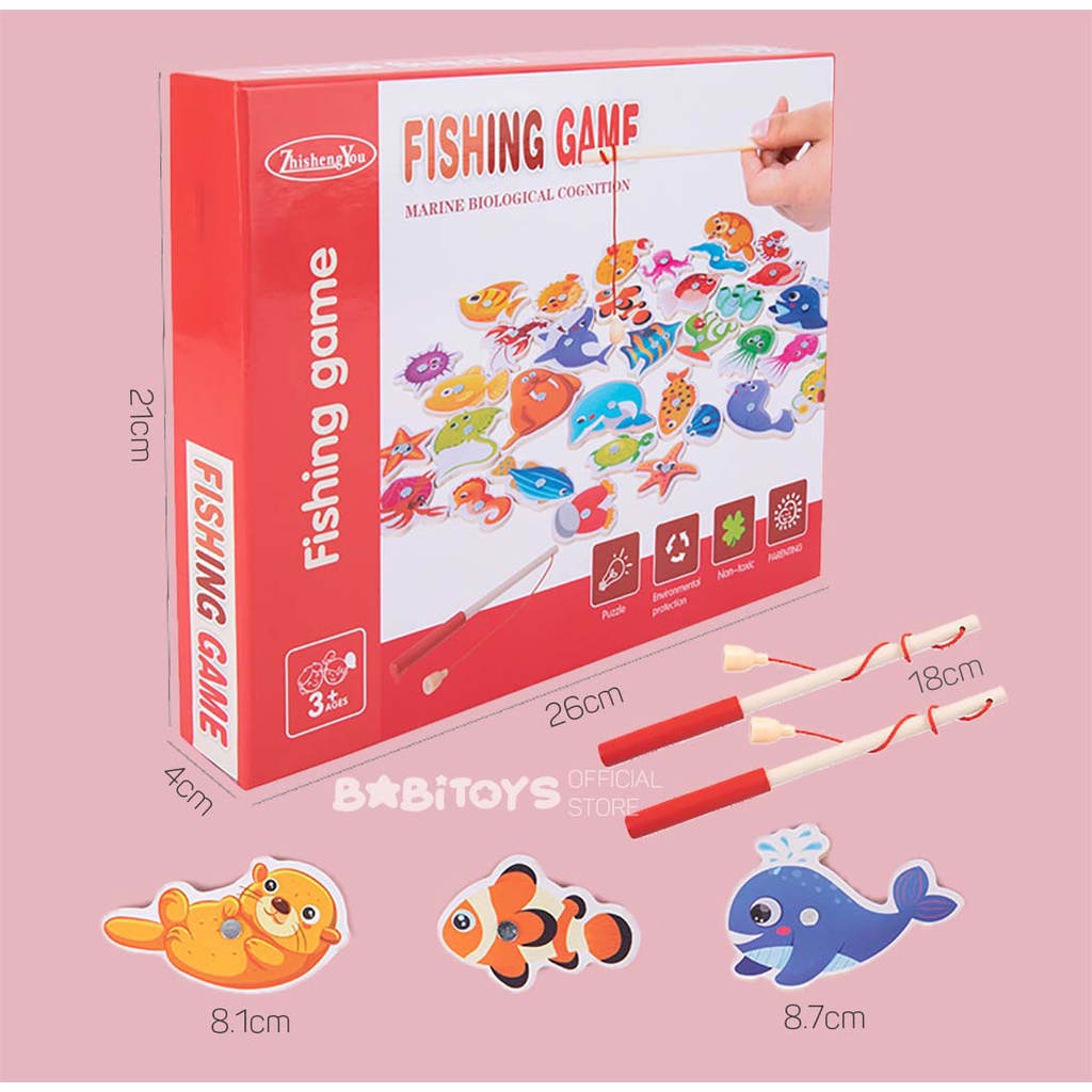 Bộ đồ chơi câu cá gỗ nam châm 34 sinh vật biển bằng gỗ, trò chơi câu cá vui nhộn 2 cần câu nam châm cho bé