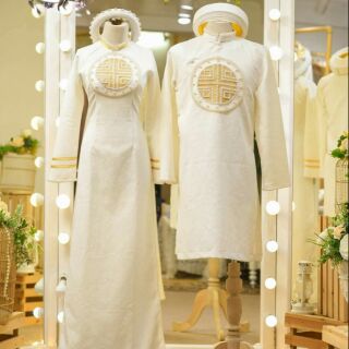 Cặp áo dài cưới kèm mũ, mấn