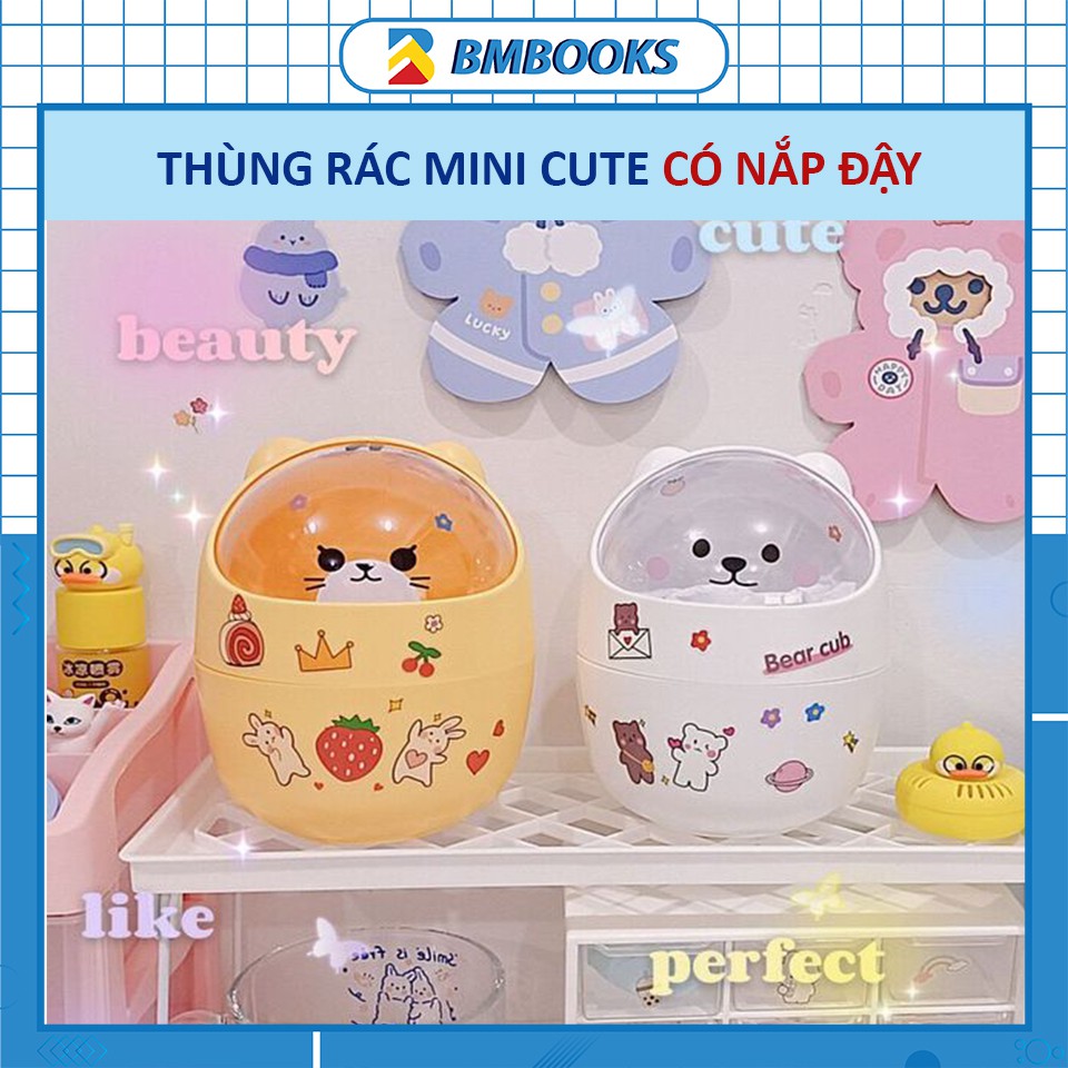 Thùng rác mini để bàn hình thú cưng đáng yêu có nắp đậy BMBooks