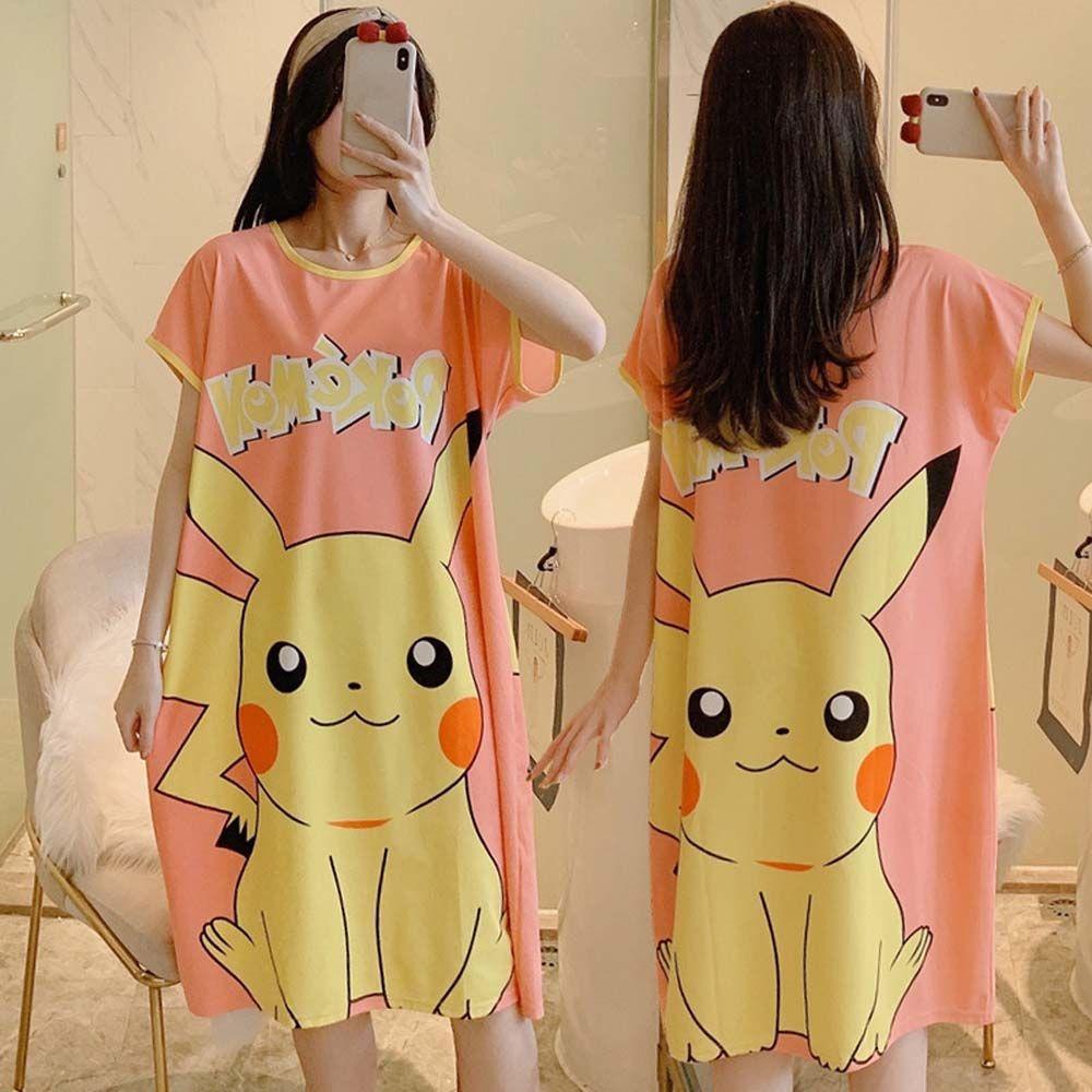 Đầm Ngủ Dáng Rộng In Họa Tiết Gấu / Mèo Kiểu Hàn Quốc Thời Trang Mùa Hè Cho Nữ