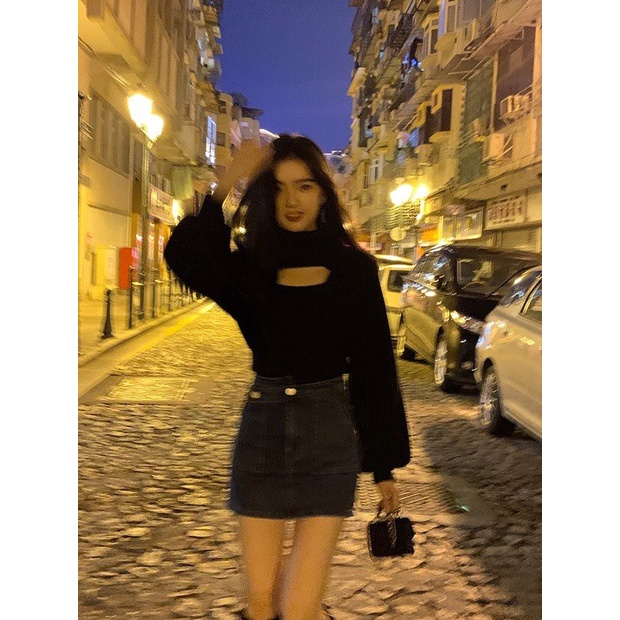 Set áo croptop 2 món tay nữ cao cổ hở eo Wikishop đen trắng freesize thun tăm phom rộng sexy hot trend hàn quốc C702
