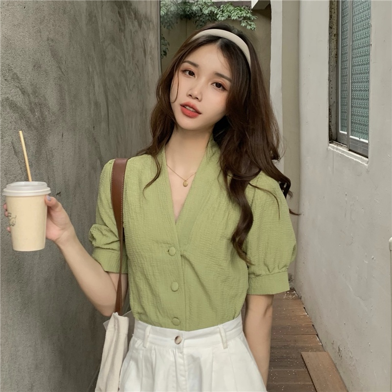 Porozi  Áo Sơ Mi Tay Ngắn Phồng Cổ Chữ V Phong Cách Retro Thời Trang Hàn Quốc Cho Nữ