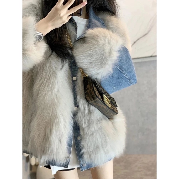 Tosikana Áo Khoác Denim Phối Lông Cáo Giả Dáng Rộng Thời Trang Thu Đông Cho Nữ Tren