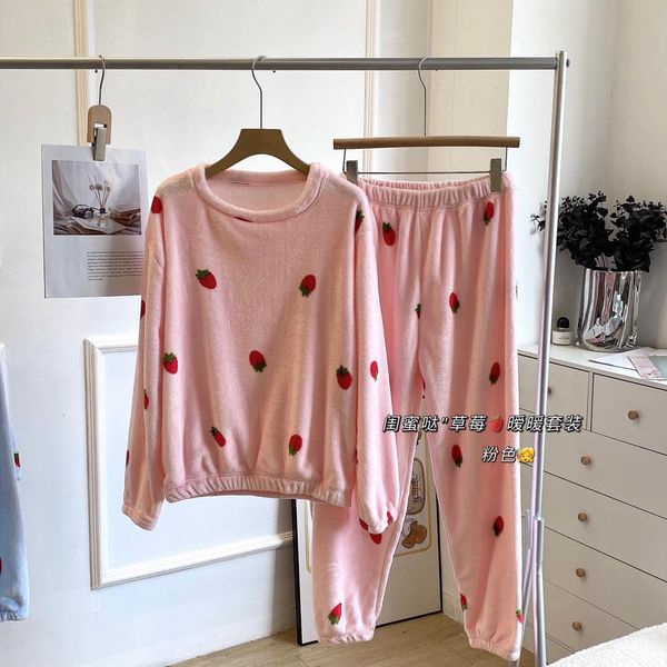 Đồ ngủ nữ ấm áp phong cách hàn quốc dài tay in hình dâu tây