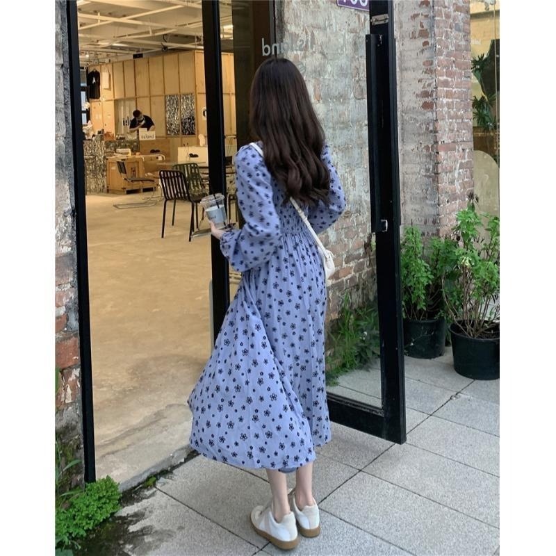 Đầm Tay Dài Cổ Vuông Nhấn Eo In Họa Tiết Hoa Nhí Xinh Xắn Kiểu Pháp Thời Trang Mùa Thu