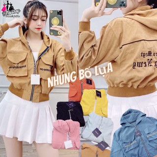 Áo khoác Nữ Chất Nhung Bố Lụa Thêu Chữ Nổi Túi Hộp Mẫu Mới 2020