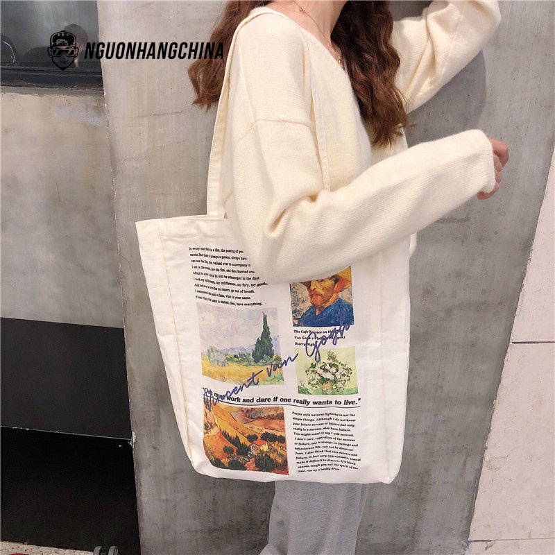 Túi vải Tote in hình phong cách đơn giản cho nữ