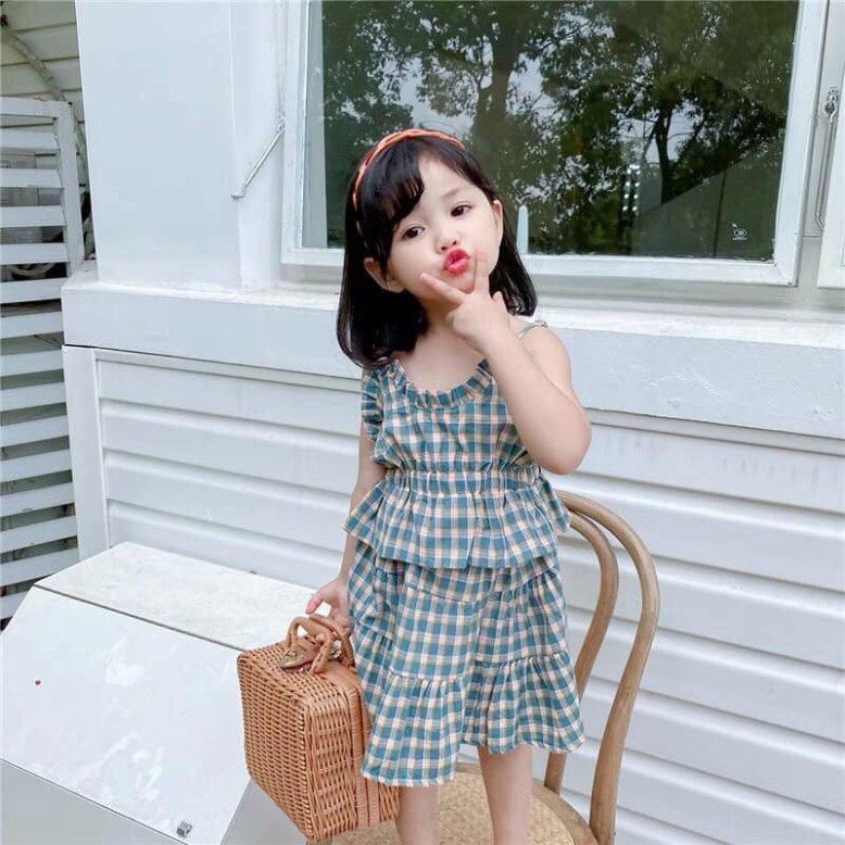 [Mã FAGREEN245 giảm 10% tối đa 30K đơn 99K] (Si Tan Goc) Set Áo Kẻ Xanh Mix Chân Váy Vải Thô Đũi Cho Bé | BigBuy360 - bigbuy360.vn