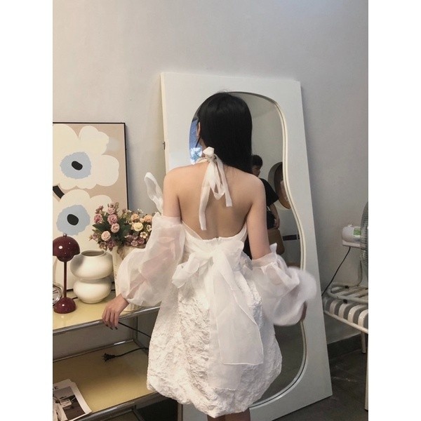 Váy Cổ Yếm - Váy yếm phối tay rời buộc nơ, Phối được 4 kiểu khác nhau, Chất gấm hoa nổi Quảng Châu cực xinh HK Shop9720