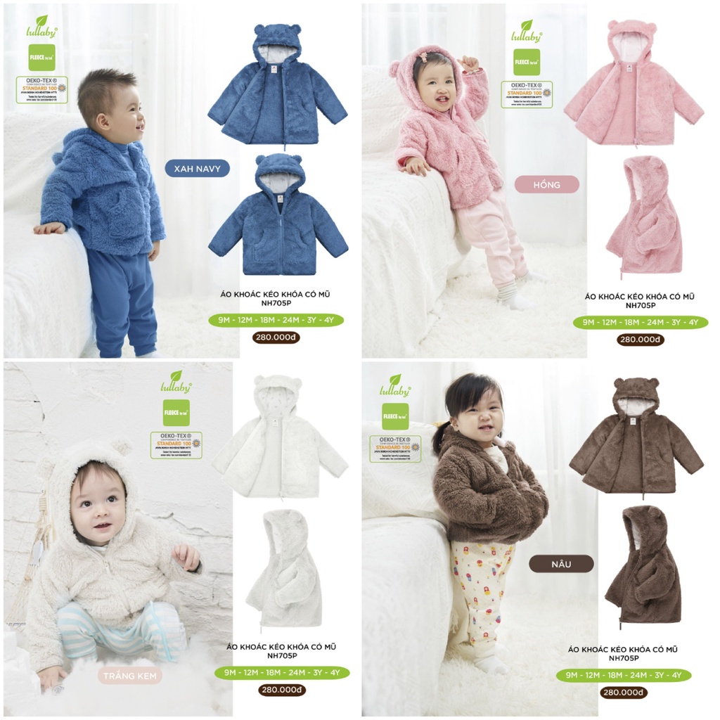 Áo khoác lông kéo khóa có mũ Lullaby cho bé NH511M (Sz 9m-5y)