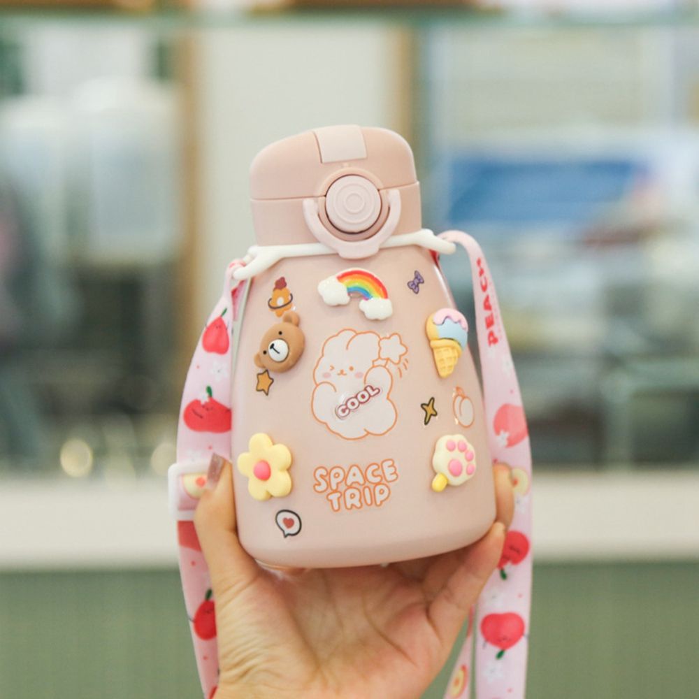 Bình đựng nước giữ nhiệt 500ml bằng thép không gỉ chống tràn có dây đeo dễ thương cho bé gái