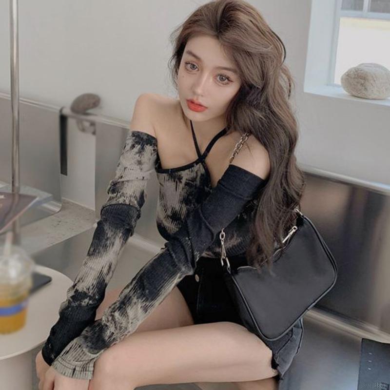 Áo Trễ Vai Dài Tay Nhuộm Loang Phong Cách Quyến Rũ Thanh Lịch Cho Nữ