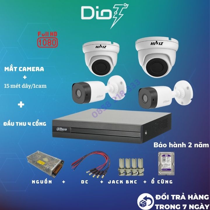 [Mã ELHAMS5 giảm 6% đơn 300K] Bộ đầu thu 4 camera DAHUA FullHD 1080p ổ cứng tới 2TB, tặng mỗi camera 15m dây