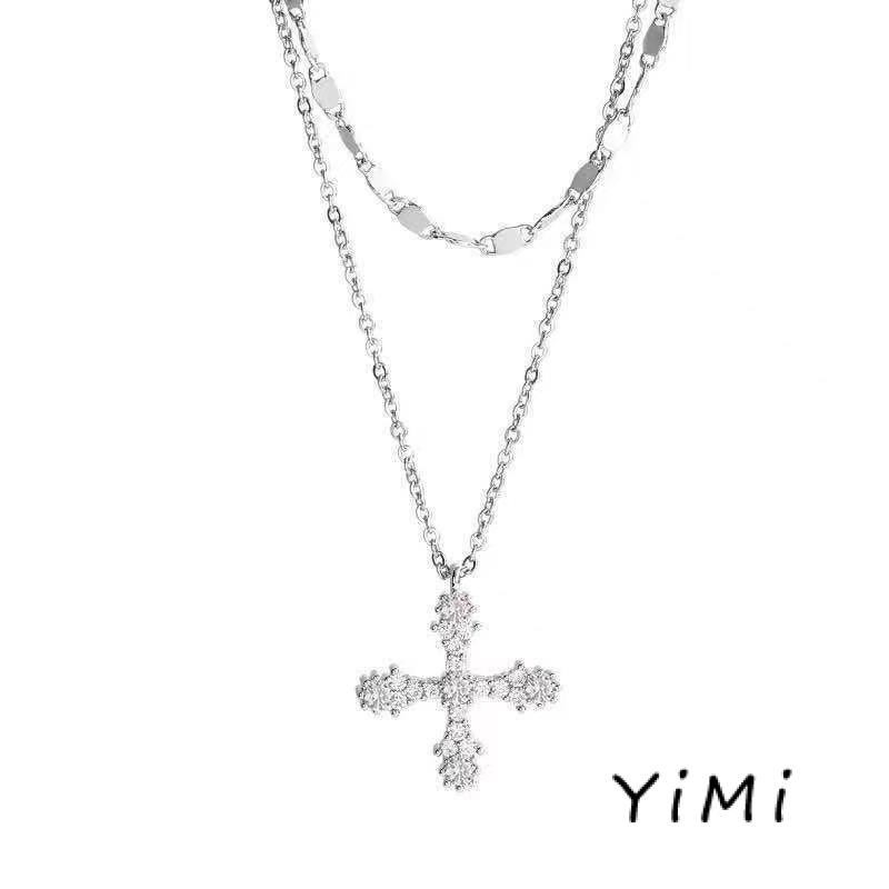 Vòng cổ Hai Lớp Mặt Chữ Thập Đính Đá Zircon Thời Trang