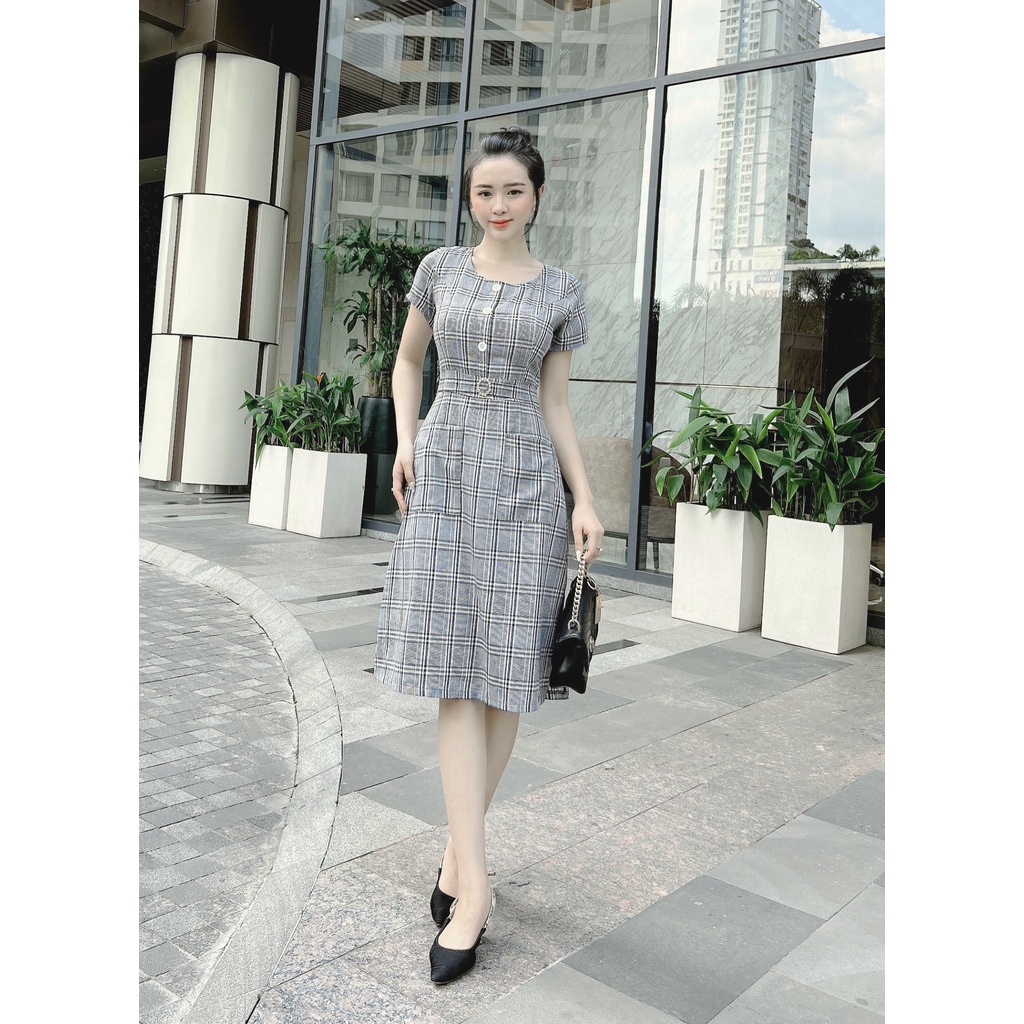 Đầm Caro chữ A phối 2 túi M08- Ladyfashion