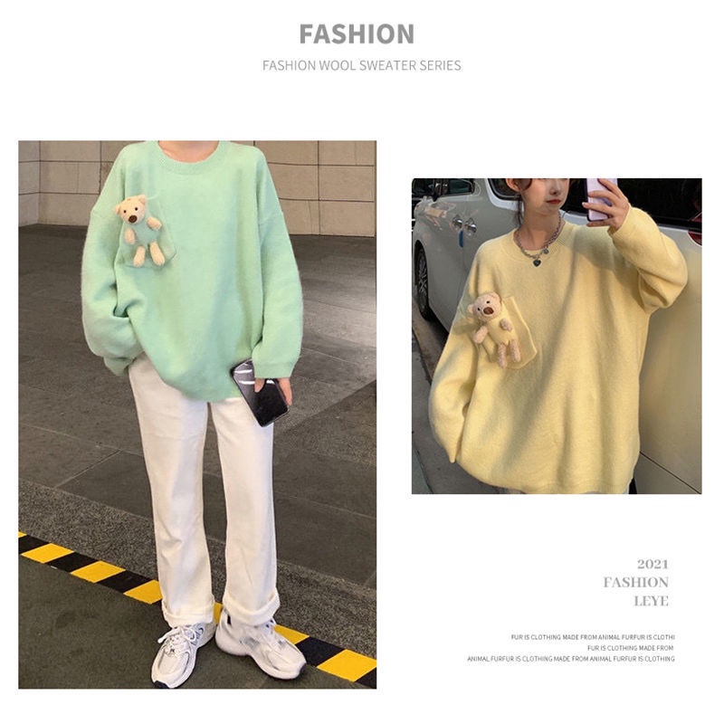 Áo sweater dày dặn chui đầu kiểu dáng rộng trang trí búp bê gấu phong cách nước ngoài cho nữ