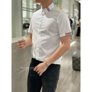 Áo sơ mi cộc tay nam BBR phối sọc kẻ, logo thêu cổ áo, áo sơ mi cổ vuông