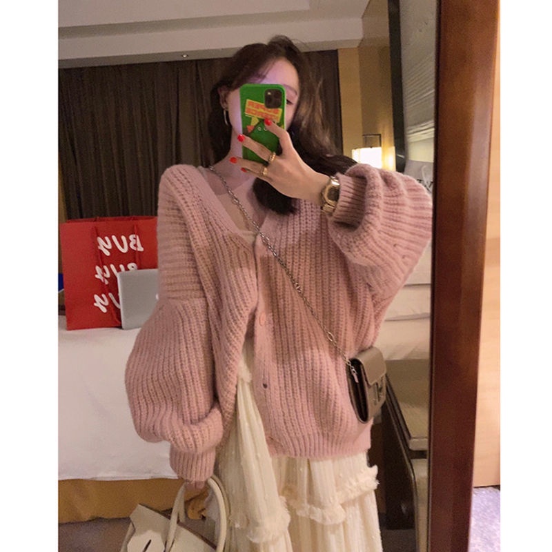 Áo Khoác Cardigan Dáng Rộng Cổ Chữ V Mềm Mại Xinh Xắn Cho Nữ