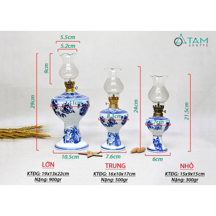 [HÀNG CAO CẤP] Đèn dầu cổ Việt Nam xưa gốm họa tiết Long Phụng xanh