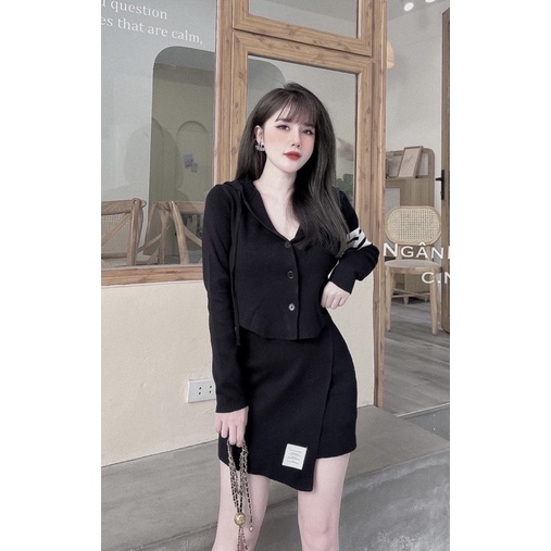 Set len Thom áo mũ chân váy vạt chéo năng động