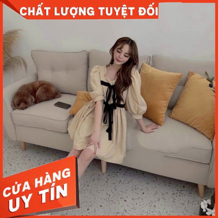 Đầm Váy Bông Xòe Phối Tay Lỡ Cực Xinh Họa Tiết Vai Beo Nơ Đen Thời Trang - Winchois - Hàng nhập khẩu