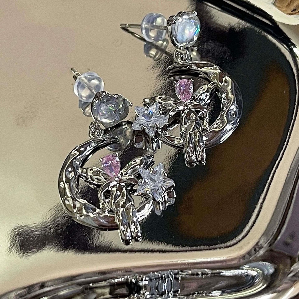 Love Zircon Star Stud Earrings Women's New Earrings Explosive Summer Earrings Fashion Personality Niche Design Moon Elf Earrings Women