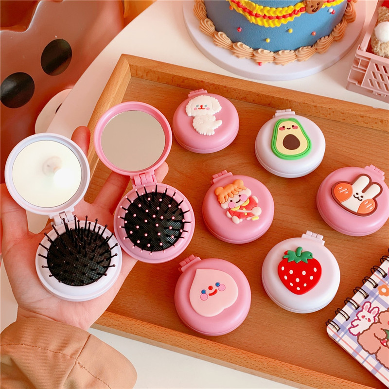 Lược Chải Tóc Dạng Túi Khí Bằng Nhựa Họa Tiết Hoạt Hình Kèm Gương Trang Điểm