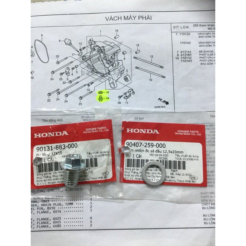 Ốc Xả Nhớt Hãng Honda 12mm và lông đền nhôm