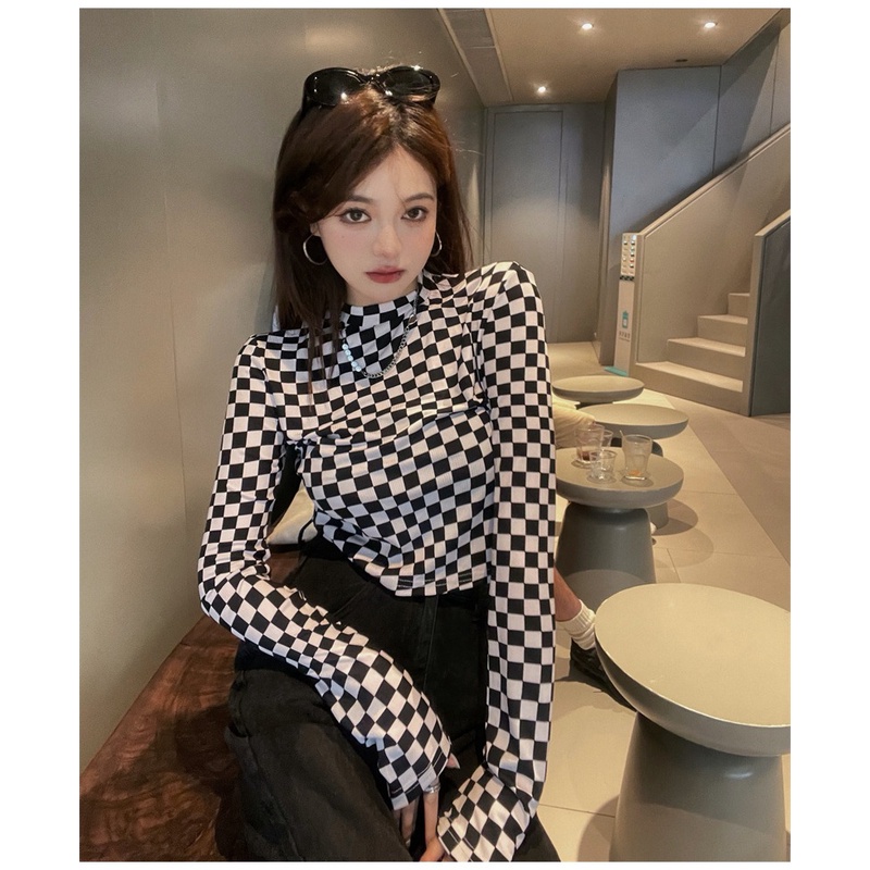 ÁO THUN CROPTOP TAY DÀI NỮ SỌC CARO ĐỘC LẠ CÁ TÍNH DỄ PHỐI ĐỒ CÓ BIGSIZE <65KG  CR22037