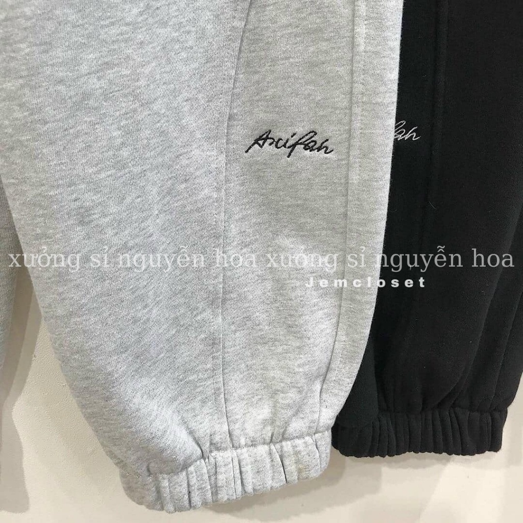 Quần jogger nữ bom bo gấu dài chất nỉ dày dặn mặc mùa thu đông thêu chữ form rộng unisex kiểu màu xám đen