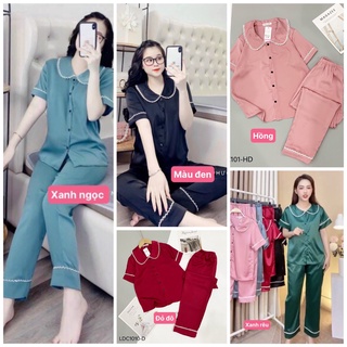 Bộ đồ ngủ pizama lụa tay cộc quần dài phối viền ren cao cấp