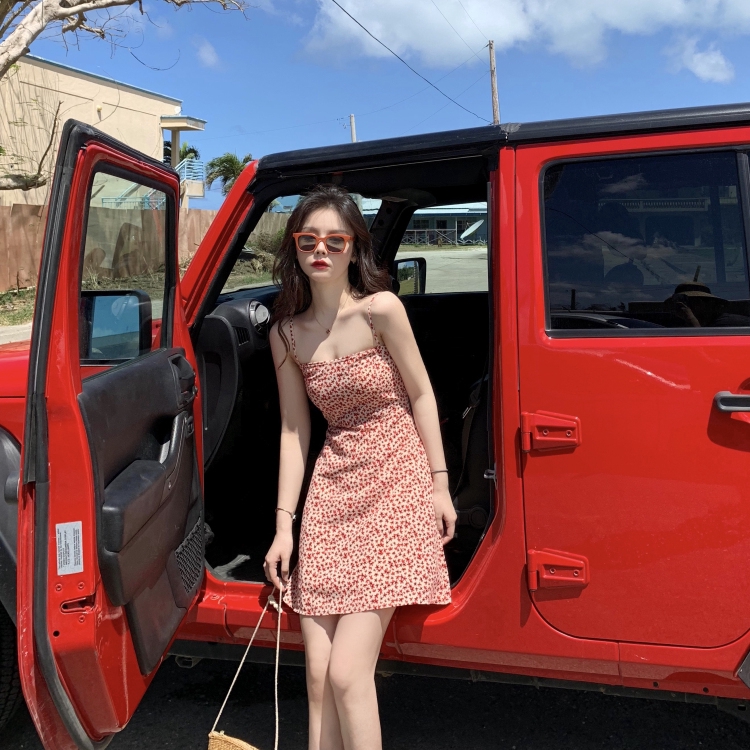 SUXI Đầm tiệc hai dây in họa tiết hoa thời trang Hàn Quốc