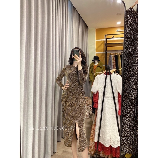 Thanh lý đầm body tay dài vạt đuôi cá ánh nhũ bling hoạ tiết beo đốm new100% còn tag