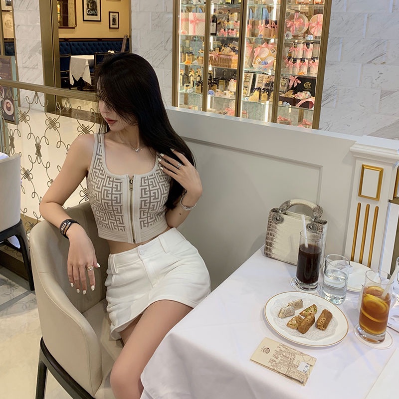 Jacquard zipper sling vest female designer short sleeveless sweater 2022 new U-collar t-shirt