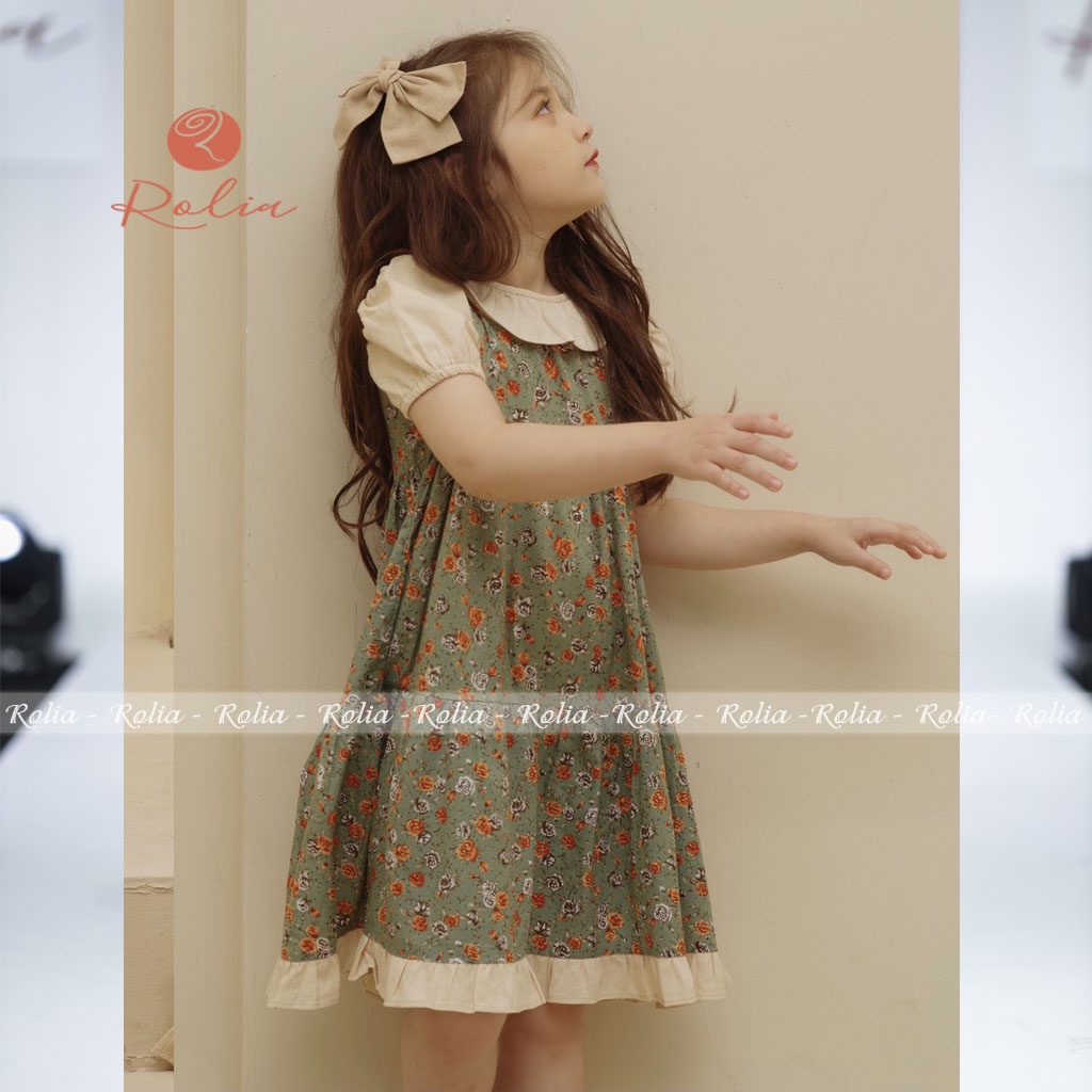 Váy bé gái hoa nhí phối bèo ROLIA Alula Style họa tiết lạ mắt chất đũi mềm mát mặc sáng da V90
