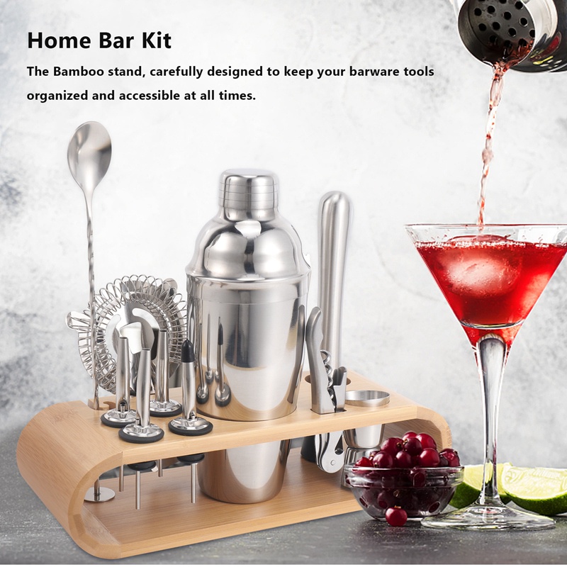 Bộ Dụng Cụ Pha Chế Cocktail 12 Món Bằng Thép Không Gỉ Kèm Giá Đỡ Tiện Lợi Dành Cho Bartender