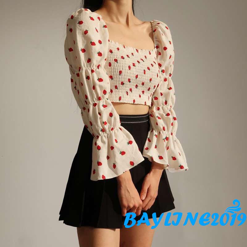 Áo Kiểu Nữ Dài Tay Cổ Vuông In Hình Quả Dâu Thời Trang
