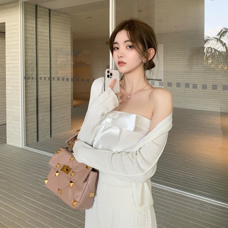 Set Áo Hai Dây Thắt Nơ + Áo Khoác Cardigan + Quần Dài Lưng Cao Ống Rộng Quyến Rũ Cho Nữ | BigBuy360 - bigbuy360.vn